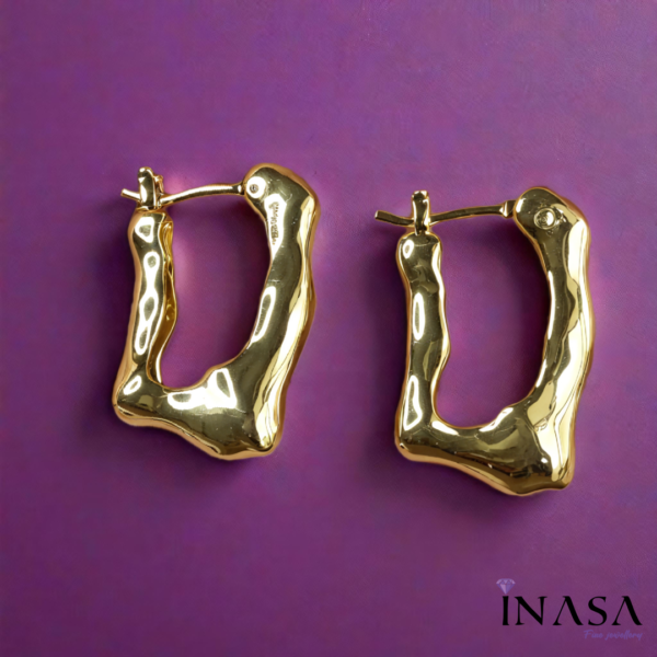 Gold Finish Textured U Shape Hoop Ear Rings - Image 2