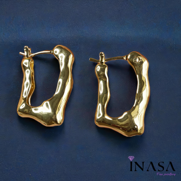 Gold Finish Textured U Shape Hoop Ear Rings - Image 3