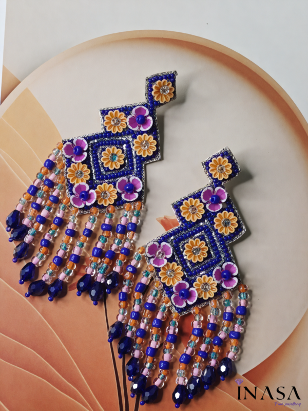 Handcrafted Deep Blue & Pink Fabric & Bead Drop Ear Rings