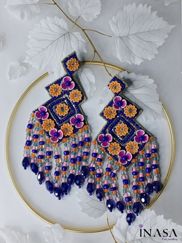 Handcrafted Deep Blue & Pink Fabric & Bead Drop Ear Rings - Image 3