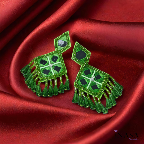 Hand Crafted Geometric Green Bead Drop Ear Rings with Mirror Finish