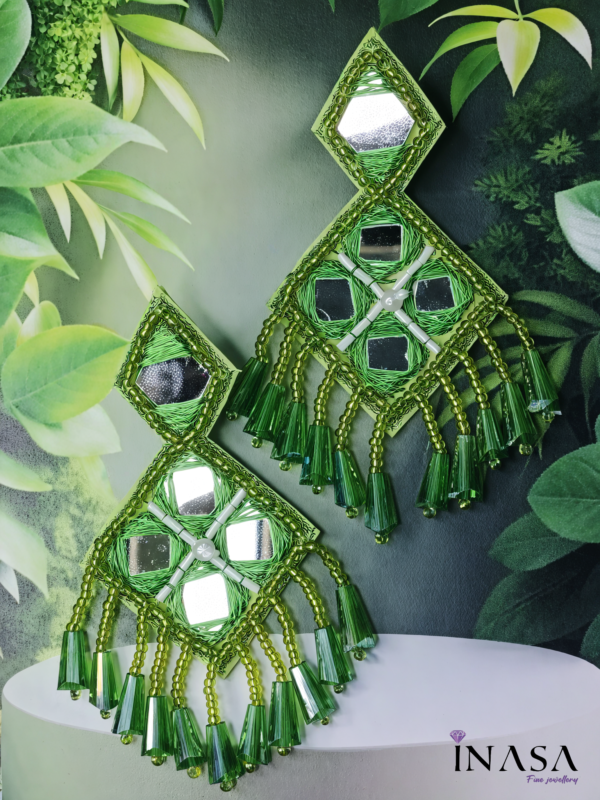 Hand Crafted Geometric Green Bead Drop Ear Rings with Mirror Finish - Image 2