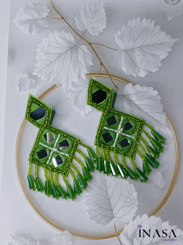 Hand Crafted Geometric Green Bead Drop Ear Rings with Mirror Finish - Image 3