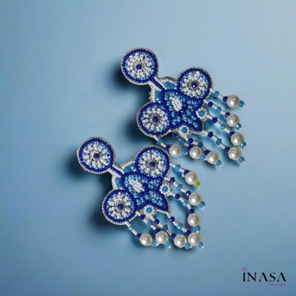 Hand Crafted Pearl & Blue Bead Dangler Ear Rings