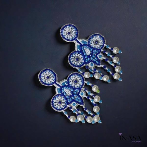 Hand Crafted Pearl & Blue Bead Dangler Ear Rings - Image 2