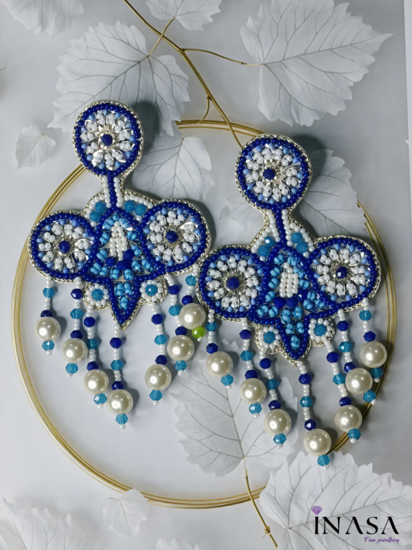 Hand Crafted Pearl & Blue Bead Dangler Ear Rings - Image 3