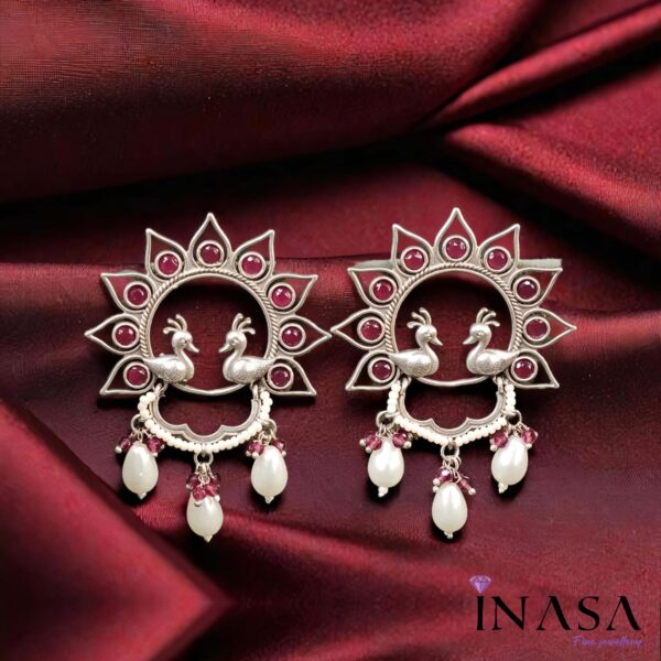 Oxidised Sun Inspired Pearl & Ruby Red Stone Ear Rings