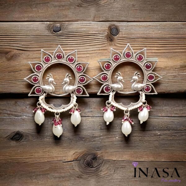 Oxidised Sun Inspired Pearl & Ruby Red Stone Ear Rings - Image 2
