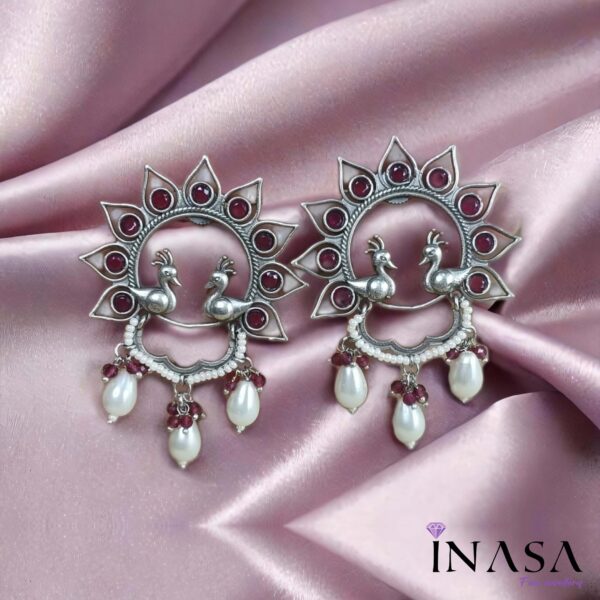 Oxidised Sun Inspired Pearl & Ruby Red Stone Ear Rings - Image 3