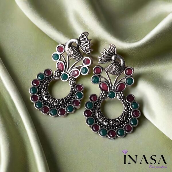 Oxidised Peacock Crowned Ruby Red & Emerald Stone Ear Rings