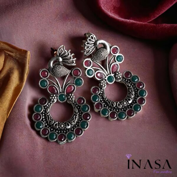 Oxidised Peacock Crowned Ruby Red & Emerald Stone Ear Rings - Image 2