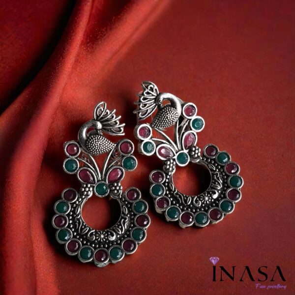 Oxidised Peacock Crowned Ruby Red & Emerald Stone Ear Rings - Image 3