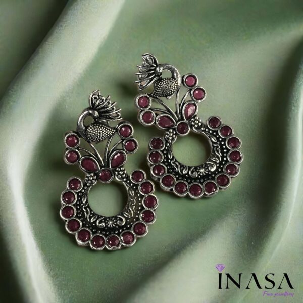 Oxidised Peacock Crowned Ruby Red Stone Ear Rings - Image 3