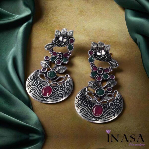 Oxidised Vintage Style Emerald & Ruby Red StoneLong Chaand Bali Ear Rings - Image 2