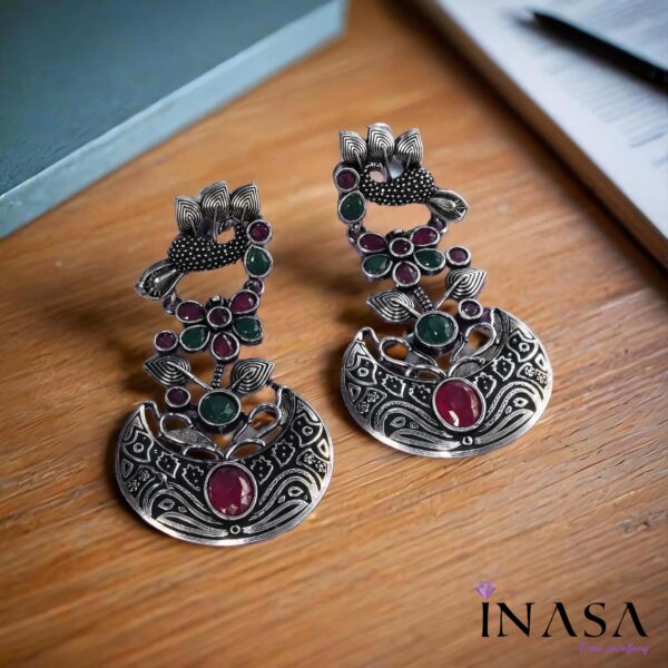 Oxidised Vintage Style Emerald & Ruby Red StoneLong Chaand Bali Ear Rings - Image 3