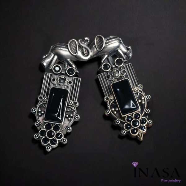 Oxidised Elephant Crowned Black Stone Ear Rings - Image 2