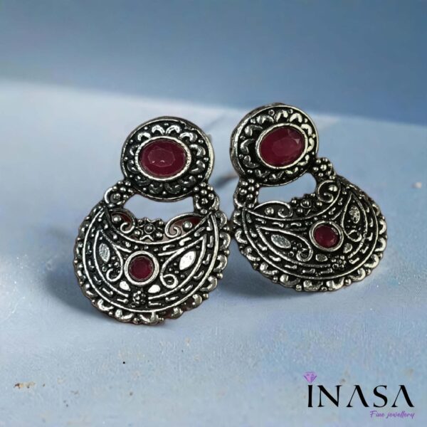 Oxidised Ruby Red Stone Chaand Bali Ear Rings