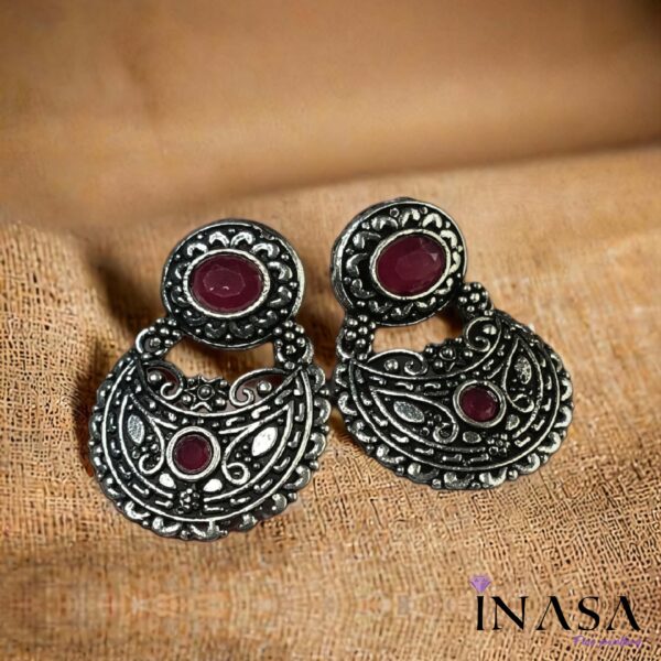 Oxidised Ruby Red Stone Chaand Bali Ear Rings - Image 2