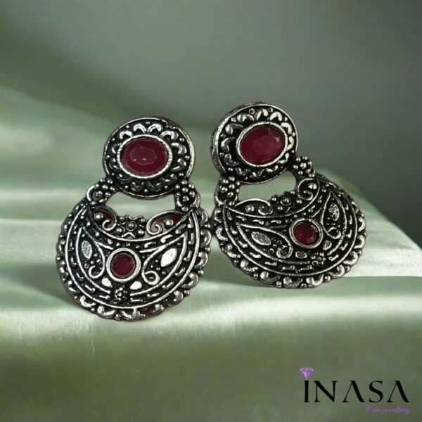 Oxidised Ruby Red Stone Chaand Bali Ear Rings - Image 3