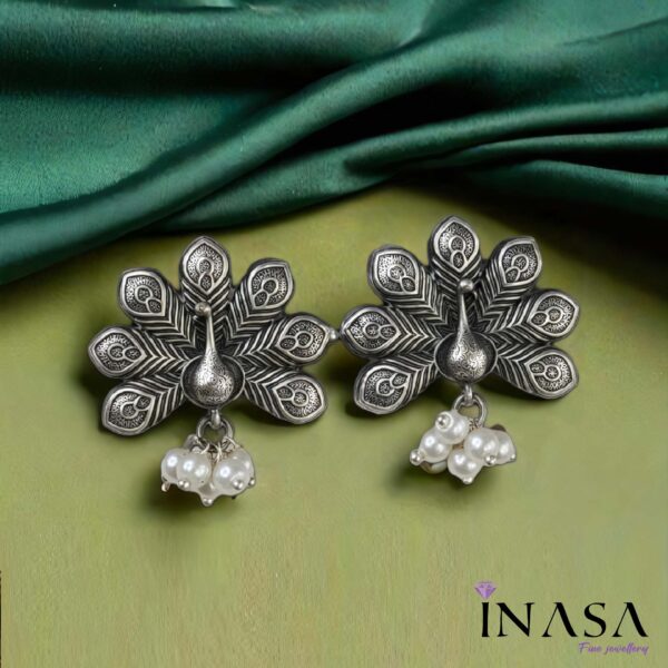 Oxidised Peacock Design Pearl Stud Ear Ring