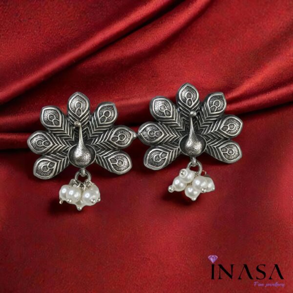 Oxidised Peacock Design Pearl Stud Ear Ring - Image 2