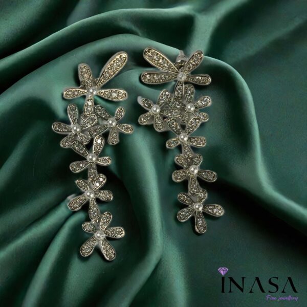Silver Finish Floral Pearl Dangler Drop Ear Rings
