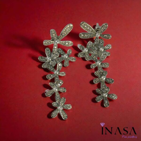 Silver Finish Floral Pearl Dangler Drop Ear Rings - Image 2
