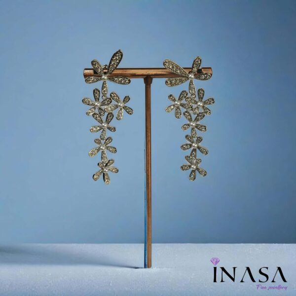 Silver Finish Floral Pearl Dangler Drop Ear Rings - Image 3