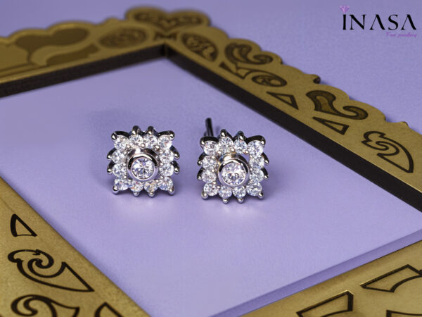 Silver Finish AD Studded Square Ear Studs - Image 3