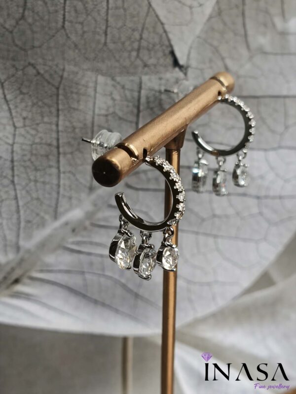 Silver Finish Small Hoop Ear Rings with AD Drops