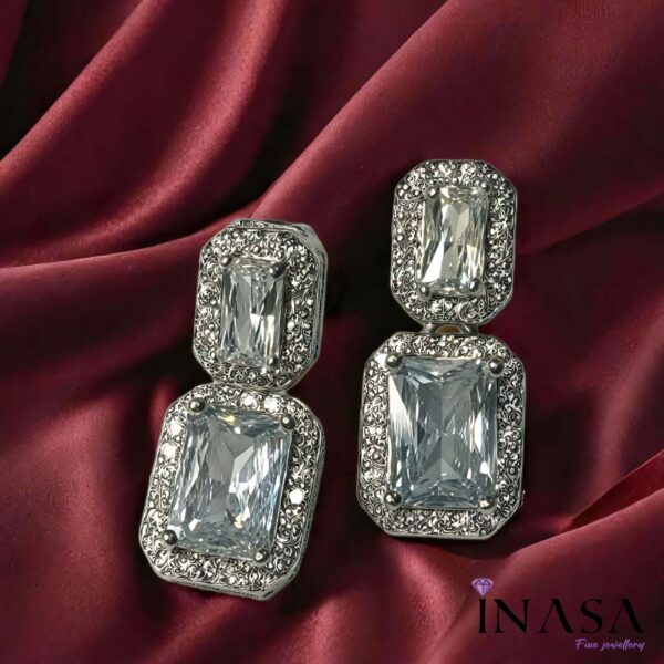Silver Finish Dual Stud Drop Contemporary Ear Rings