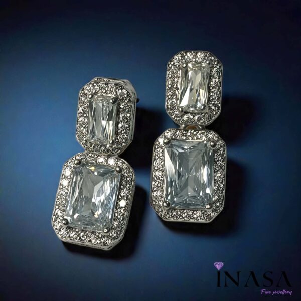 Silver Finish Dual Stud Drop Contemporary Ear Rings - Image 2