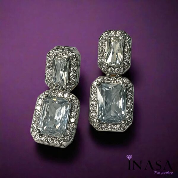 Silver Finish Dual Stud Drop Contemporary Ear Rings - Image 3