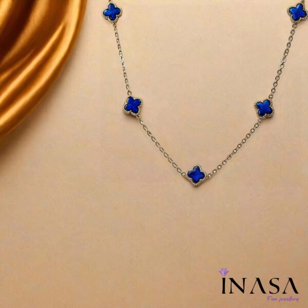 Gold Finish Indigo Clover Leaf Design Necklace