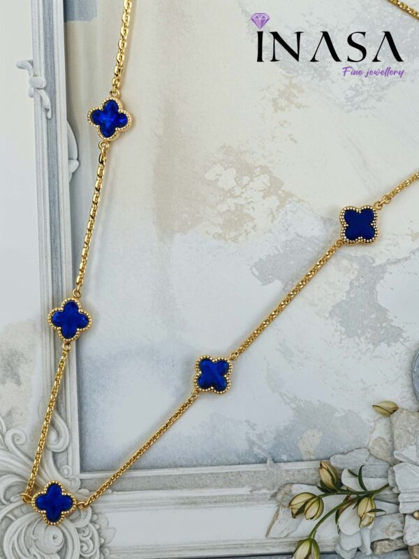 Gold Finish Indigo Clover Leaf Design Necklace - Image 2