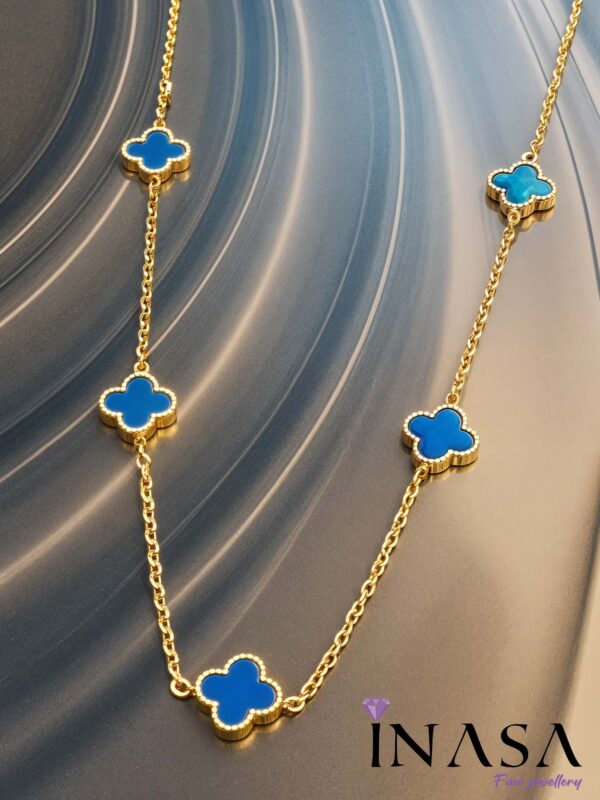 Gold Finish Indigo Clover Leaf Design Necklace - Image 3