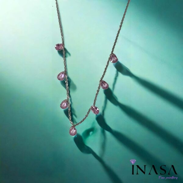 SS Finish Dahlia Pink Tear Drop Necklace - Image 3