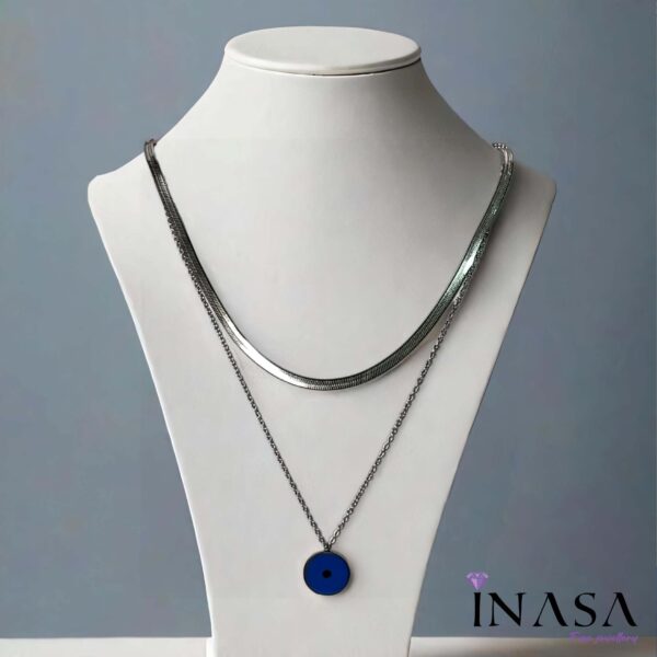 SS Finish Dual Chain & Blue Pendant Necklace