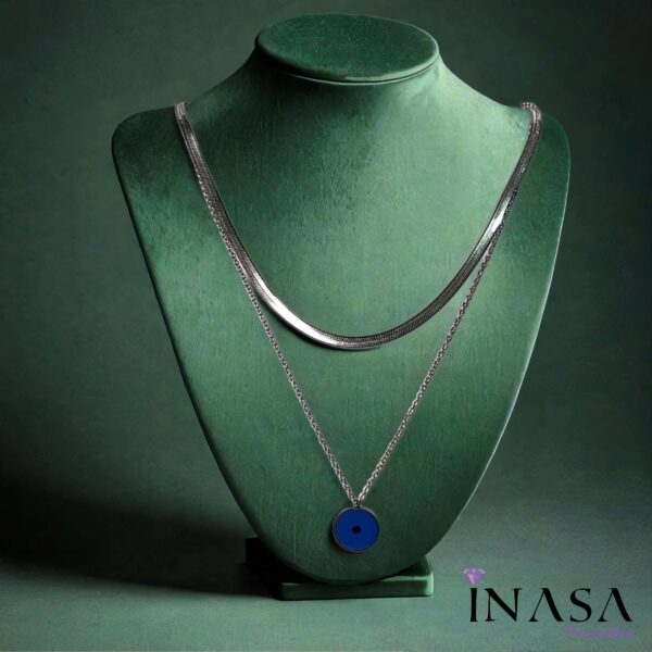 SS Finish Dual Chain & Blue Pendant Necklace - Image 2
