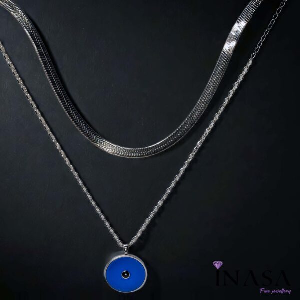 SS Finish Dual Chain & Blue Pendant Necklace - Image 3