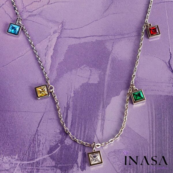 SS Finish Coloured Stones Chime Necklace - Image 3