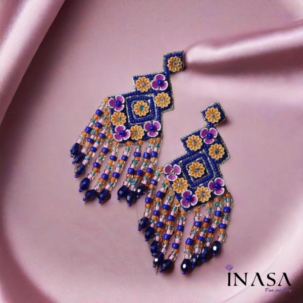 Handcrafted Deep Blue & Pink Fabric & Bead Drop Ear Rings - Image 4