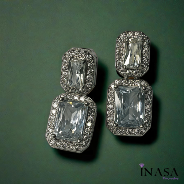 Silver Finish Dual Stud Drop Contemporary Ear Rings - Image 4