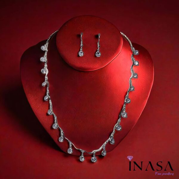 Silver finish Diamond Drop Necklace - Ear Ring Combo - Image 3